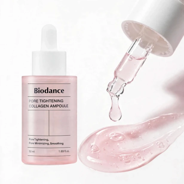Precyzyjna pipeta i lekka nawilżająca konsystencja ampułki Biodance Pore Tightening Collagen Ampoule