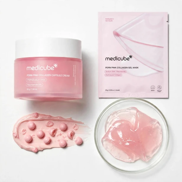 Różowe kapsułki z PDRN i kolagenem zanurzone w żelowej bazie Medicube PDRN Capsule Cream