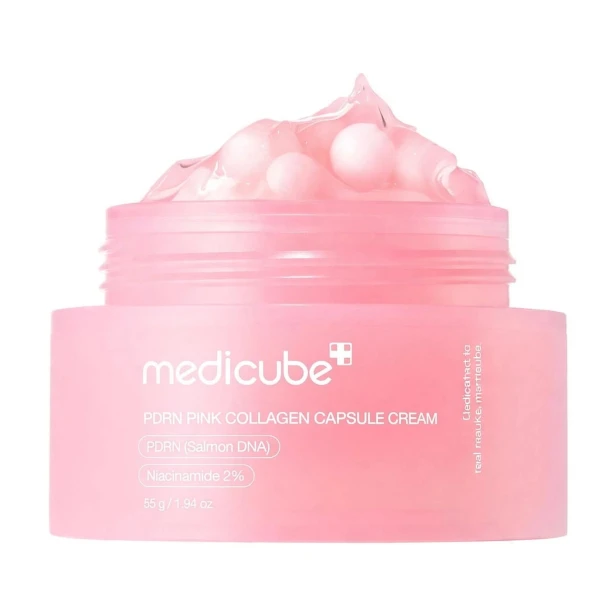 Różowe kapsułki z PDRN i kolagenem w przezroczystej bazie żelowej Medicube Pink Collagen Cream