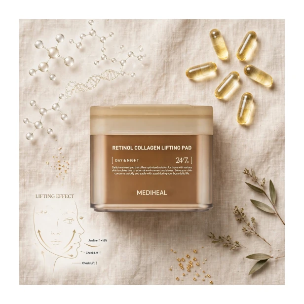 napięta, ujędrniona i wygładzona cera z efektem liftingu po płatkach Mediheal Retinol Collagen