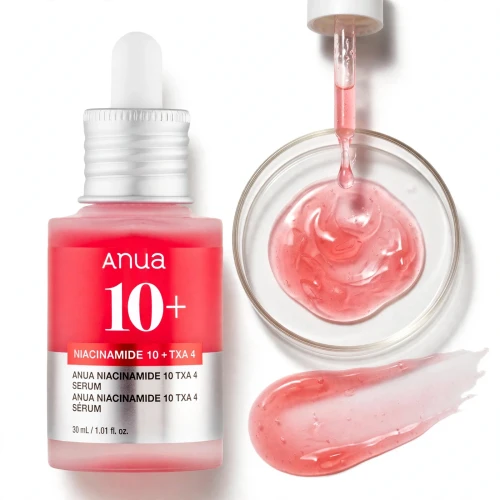 Precyzyjna pipeta i różowa formuła serum rozjaśniającego Anua Niacinamide 10% TXA 4%